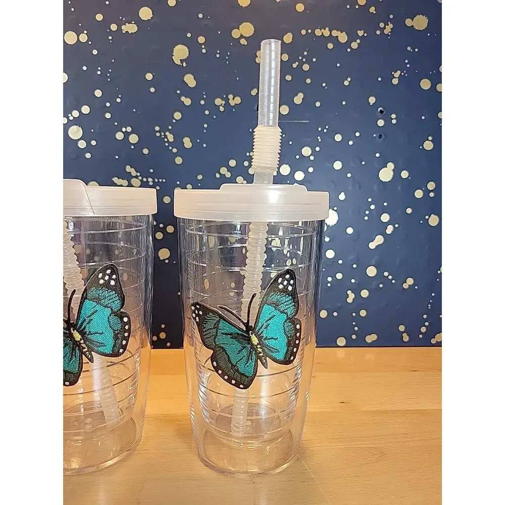 Tervis tumblers (Set of 4) Blue Butterfly 16 oz w/ lids and straws Insulated
